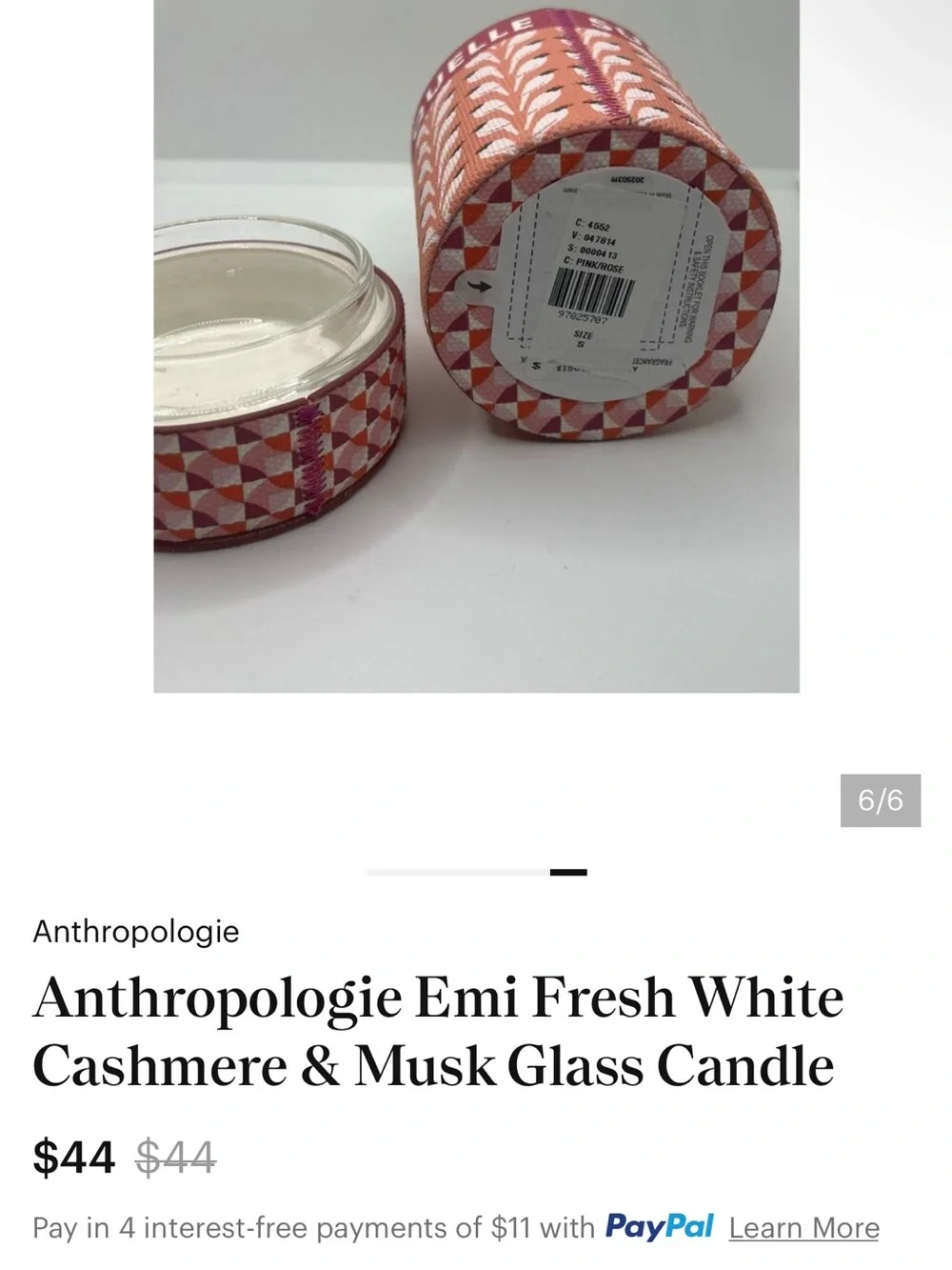 Anthropologie Emi Fresh White Cashmere & Musk Glass Candle-New
